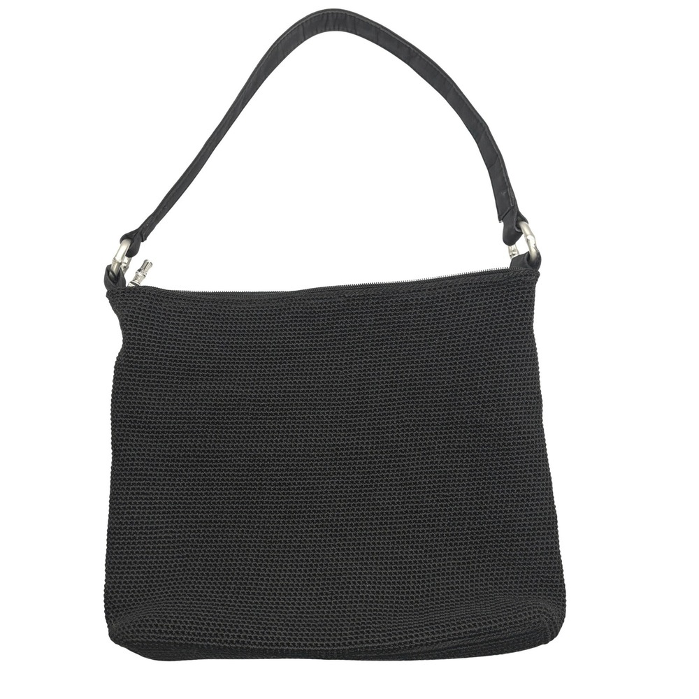 The Sak Black Crochet Shoulder Bag Woven Knit Zip Top Minimalist Purse